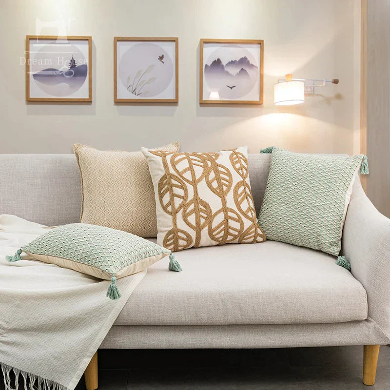DecorBites™ Linen Embroidery Leaves Cushion Cover 45x45cm Beige Green Aesthetic Throw Pillow