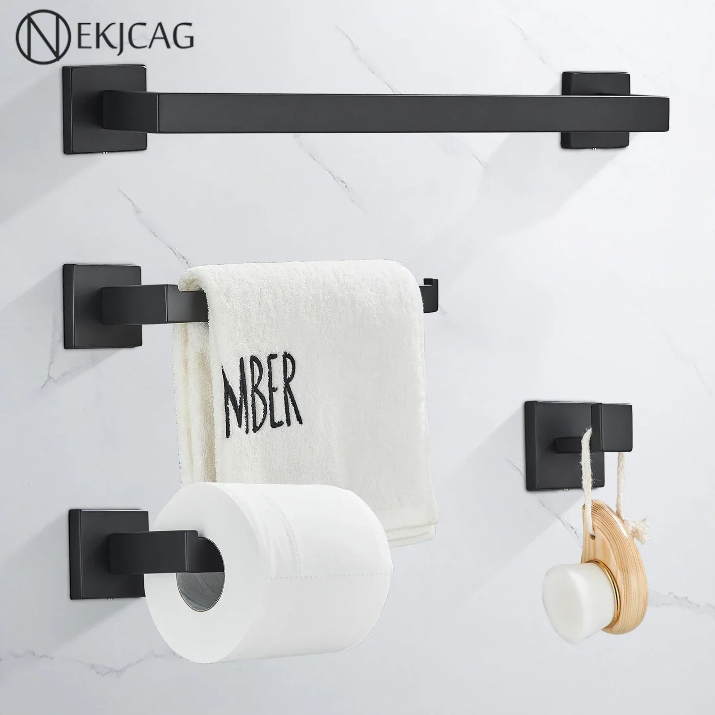 DecorBites™ Black Bathroom Hardware Set: Robe Hook, Towel Rail, Shelf, Tissue Holder