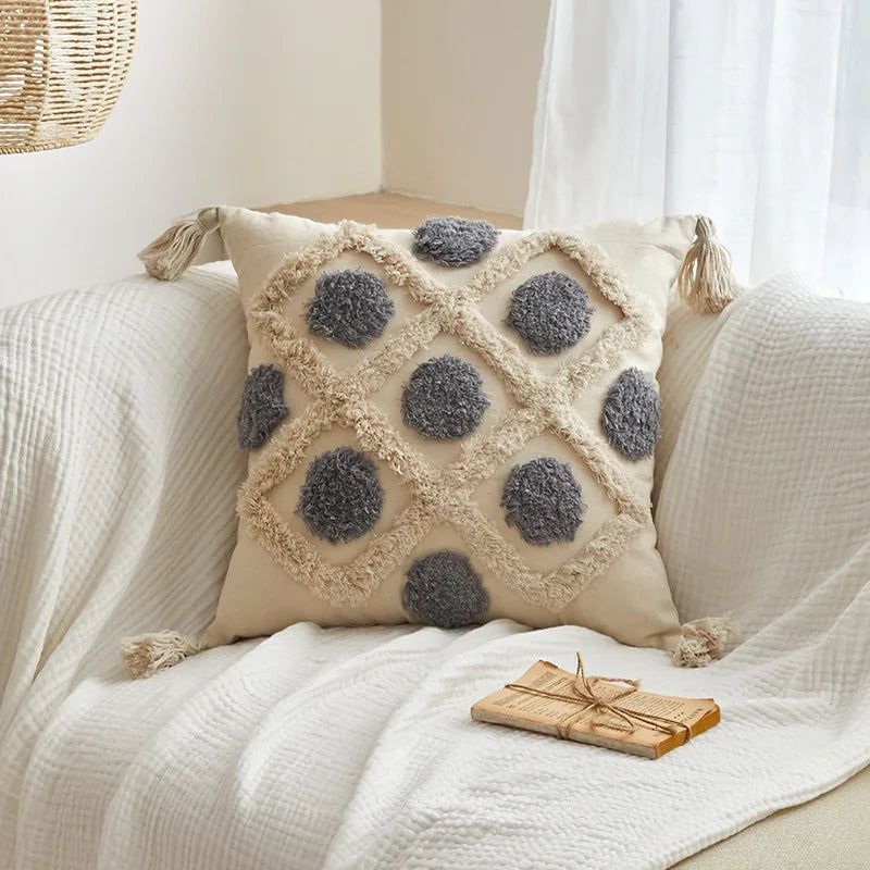 DecorBites™ Geometric Tufted Tassel Cushion Cover Cotton Canvas Fall Pillow Cover