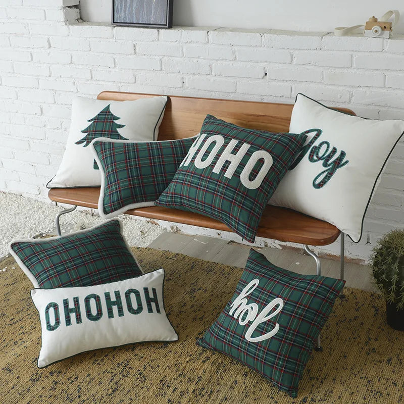 DecorBites™ Christmas Letter Embroidery Plaid Cushion Cover Set