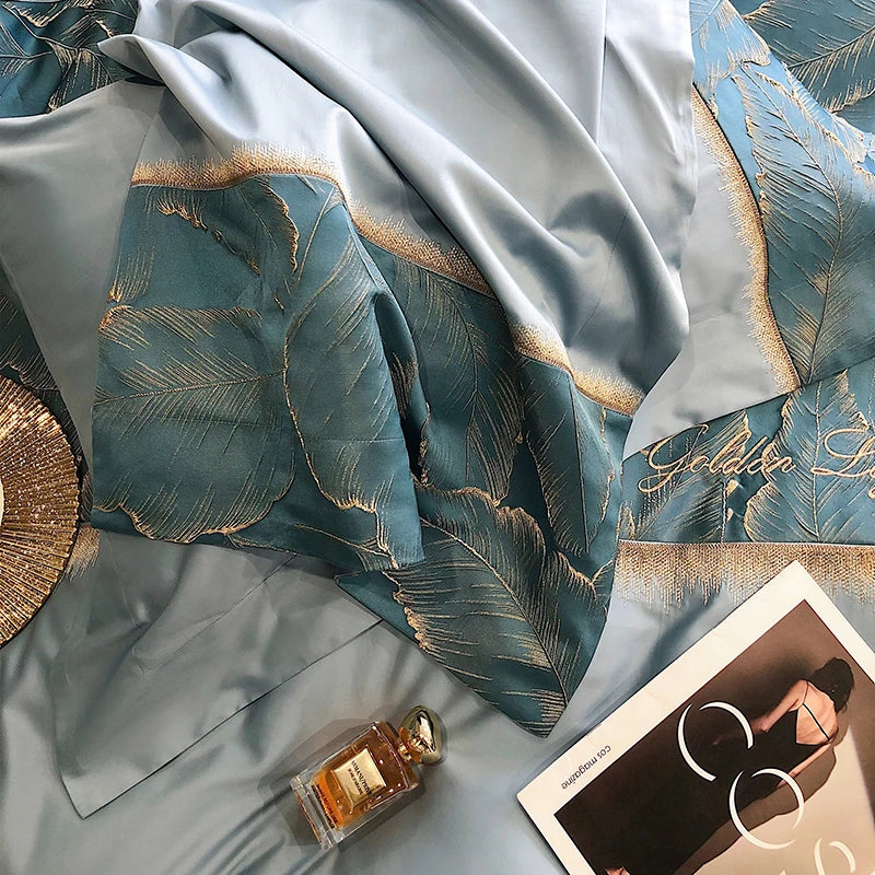 DecorBites™ Luxe Gold Leaves Satin Jacquard Embroidery 1000TC Egyptian Cotton Bedding Set