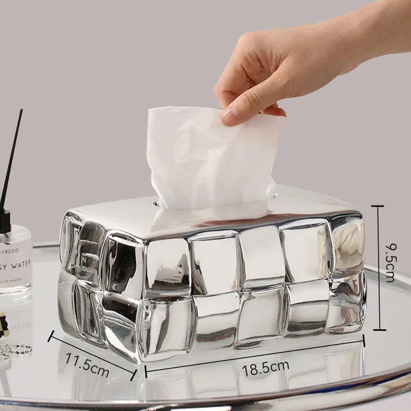 DecorBites™ Geometric Grain Silver Check Tissue Box Holder & Desktop Organizer