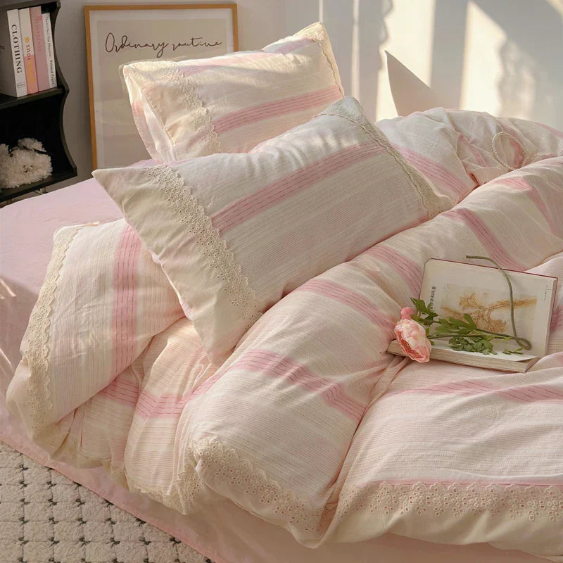 DecorBites™ Lavender Lace Bedding Set: Single Queen Size Duvet, Sheet, Pillowcases