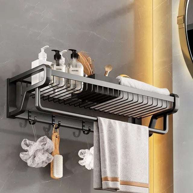 DecorBites™ Aluminum Bathroom Towel Holder with Hook and Storage Basket