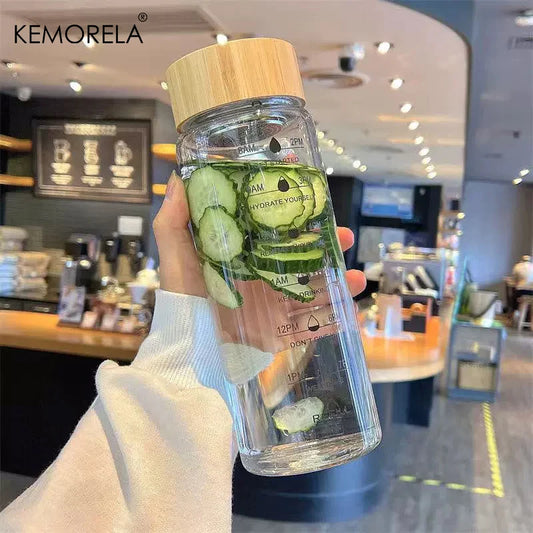 DecorBites™ 700ML Glass Water Bottle with Time Marker and Stainless Steel Tea Filter