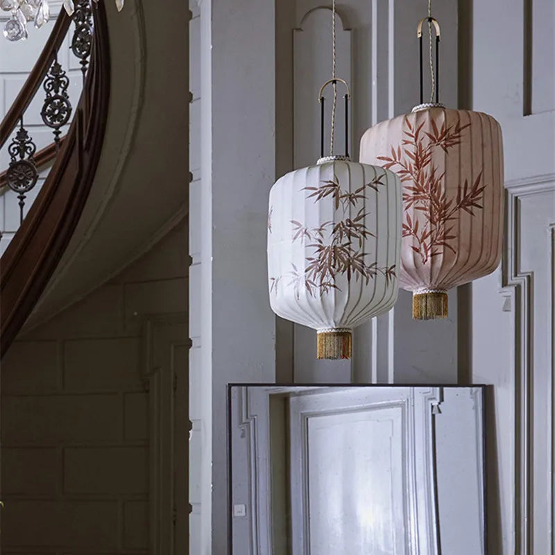 DecorBites™ Bamboo Lantern Pendant: Handmade Fabric Shade for Elegant Hotel and Restaurant Lighting