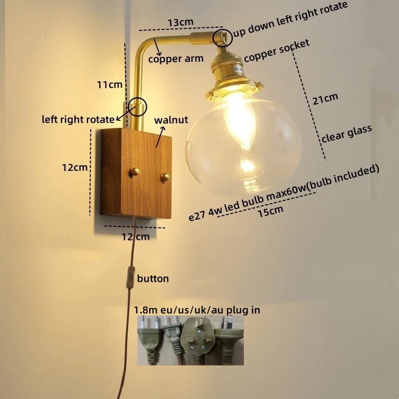 DecorBites™ Clear Glass LED Wall Sconce Walnut Copper Modern Stair Light Fixtures