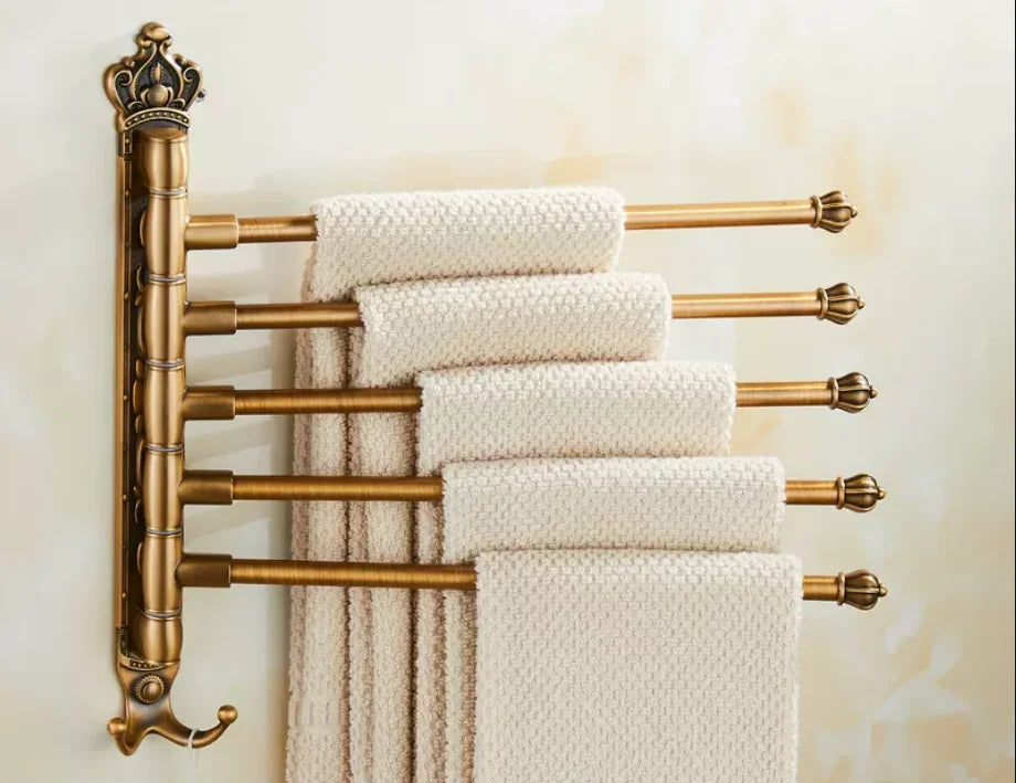 DecorBites™ Antique Carved Swivel Towel Hanger, Wall Mounted Folding Towel Bar, Bathroom Towel Holder