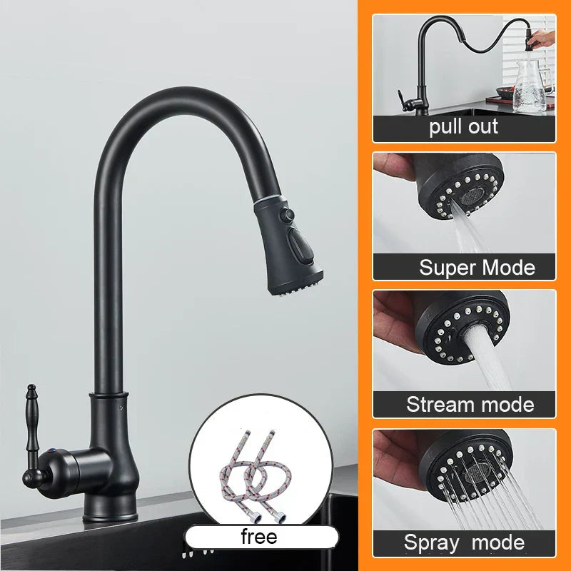DecorBites™ Antique Brass Kitchen Faucet Swivel Spout Pull Down Hot Cold Mixer