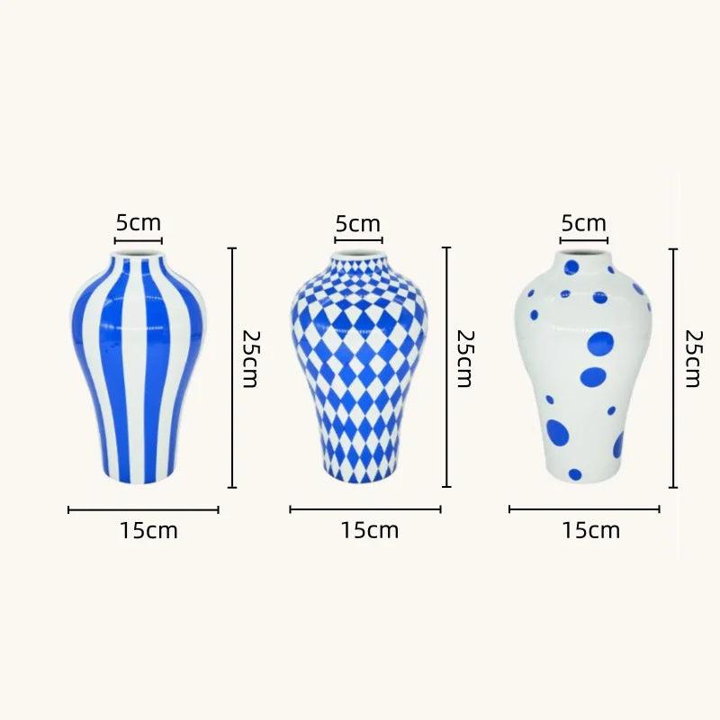 DecorBites™ Blue Geometric Quilted Ceramic Vase - Polka Dots Pattern - Home Decor Craft