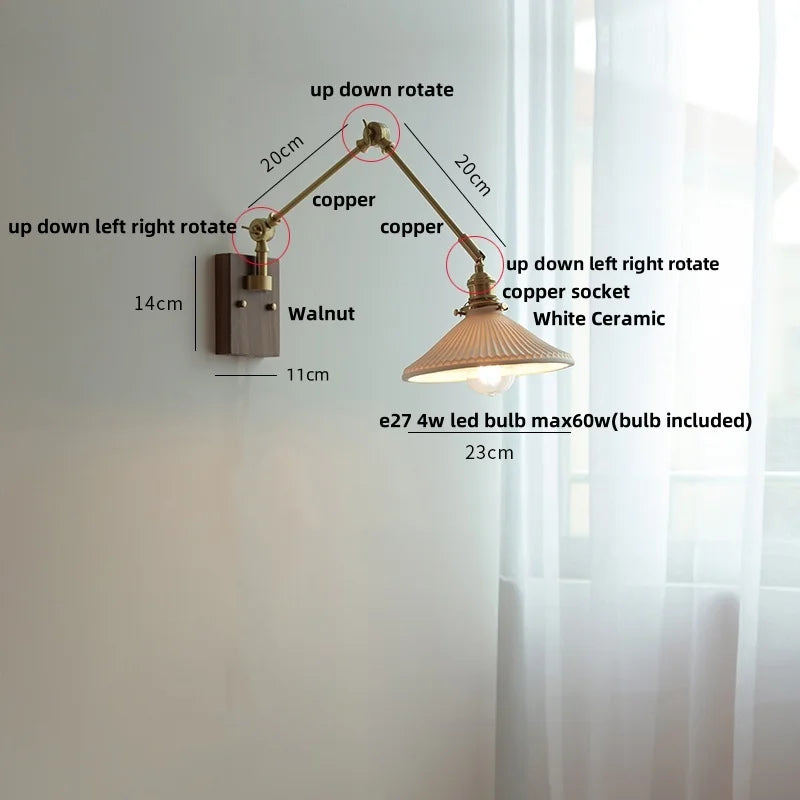 DecorBites™ Ceramic Ball Brass Walnut Wood Wall Light with Pull Chain Switch
