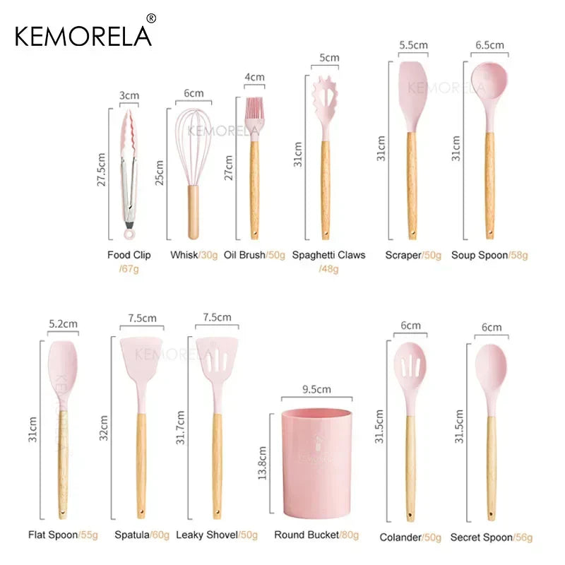 DecorBites™ 13-Piece Silicone Kitchen Utensil Set with Storage Box - Non-Stick Cooking Tools and Measuring Spoons