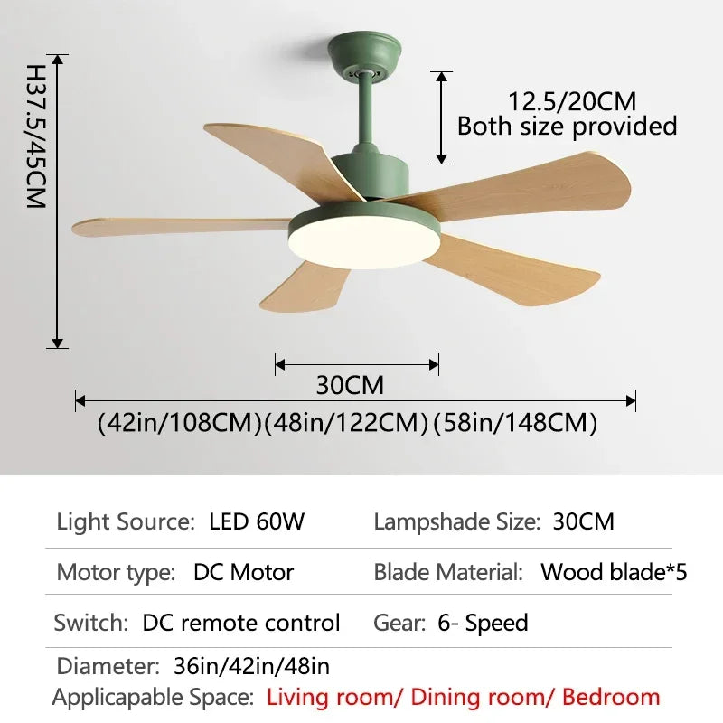 DecorBites™ 48" Bedroom Restaurant Ceiling Fan with 5 Wood Blades, DC Motor, LED Light, Remote