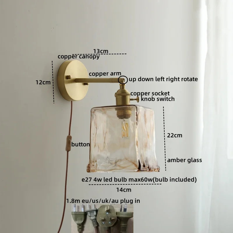 DecorBites™ Glass Copper LED Wall Lamp with Knob Switch for Modern Home Decor
