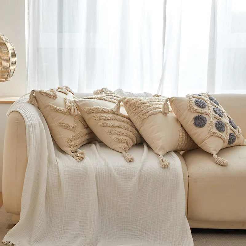 DecorBites™ Geometric Tufted Tassel Cushion Cover Cotton Canvas Fall Pillow Cover