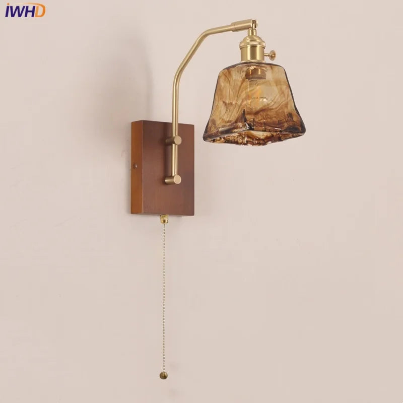 DecorBites™ LED Glass & Wood Wall Lamp with Pull Chain Switch for Living Room, Bedroom, Bathroom
