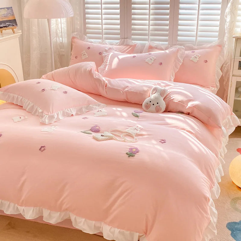 DecorBites™ Cartoon Princess Embroidered Cotton Bedding Set for Adult Girls