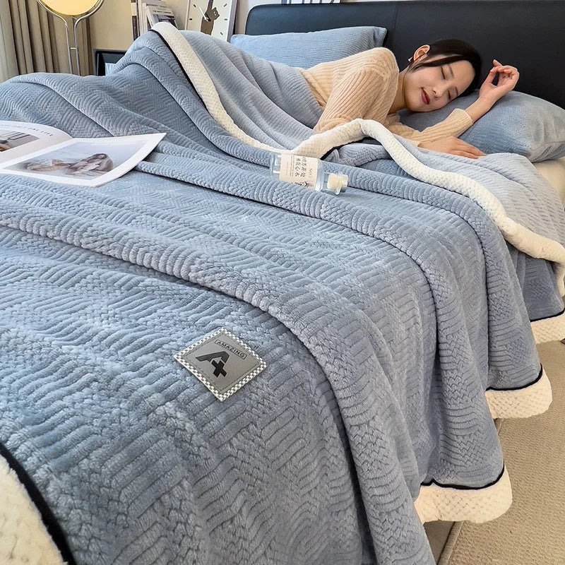 DecorBites™ Cozy Jacquard Plush Blanket - Soft Coral Fleece - All-Season - European Solid Stripes