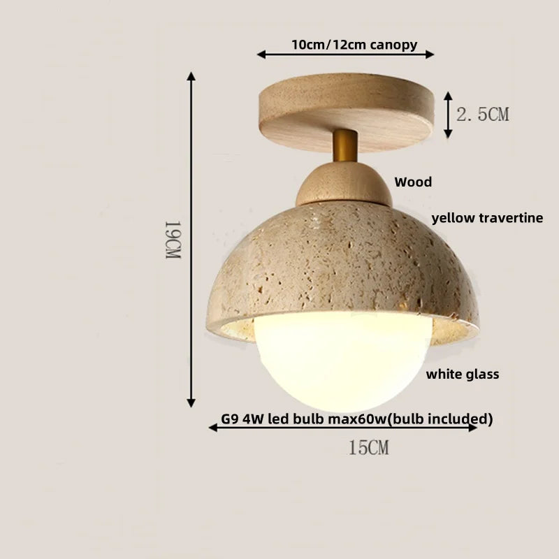 DecorBites™ Acrylic LED Ceiling Lamp Yellow Travertine Wood Canopy Wabi Sabi Style