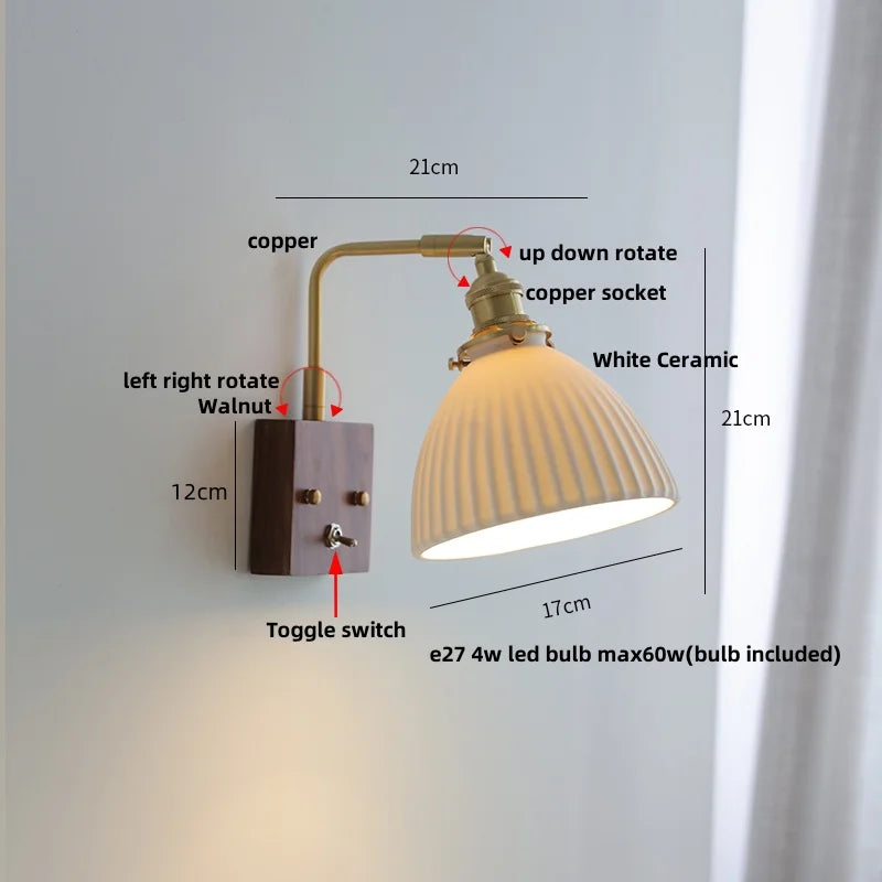 DecorBites™ Ceramic LED Wall Light Fixture White Copper Walnut Ash Bedside Lamp