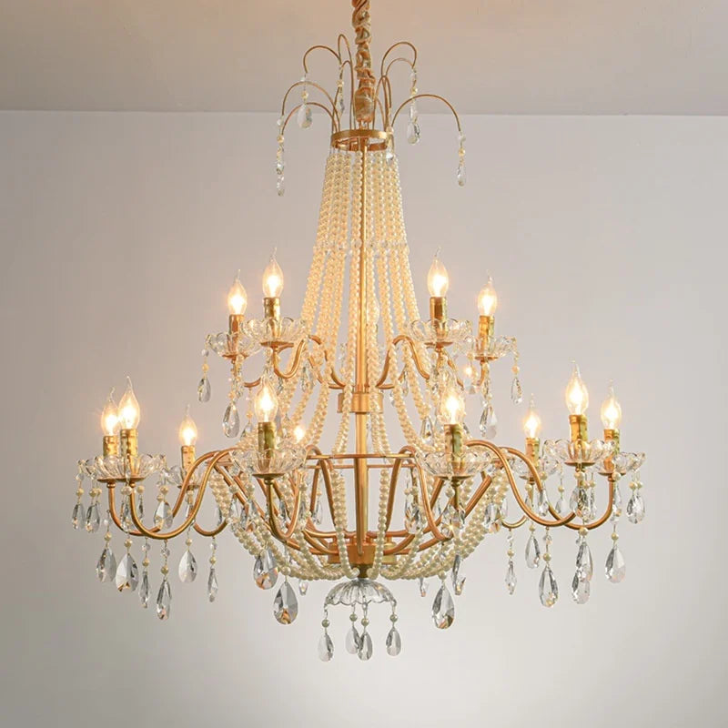 DecorBites™ Gold Crystal Pearl Chandelier LED Pendant Lights Luxe Living Room Decor