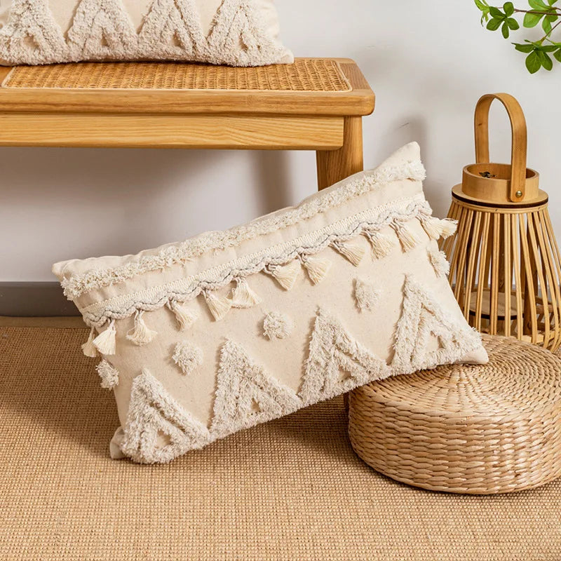 DecorBites™ Boho Tufted Embroidered Cotton Canvas Cushion Cover Grey Beige Tassel Pillowcase