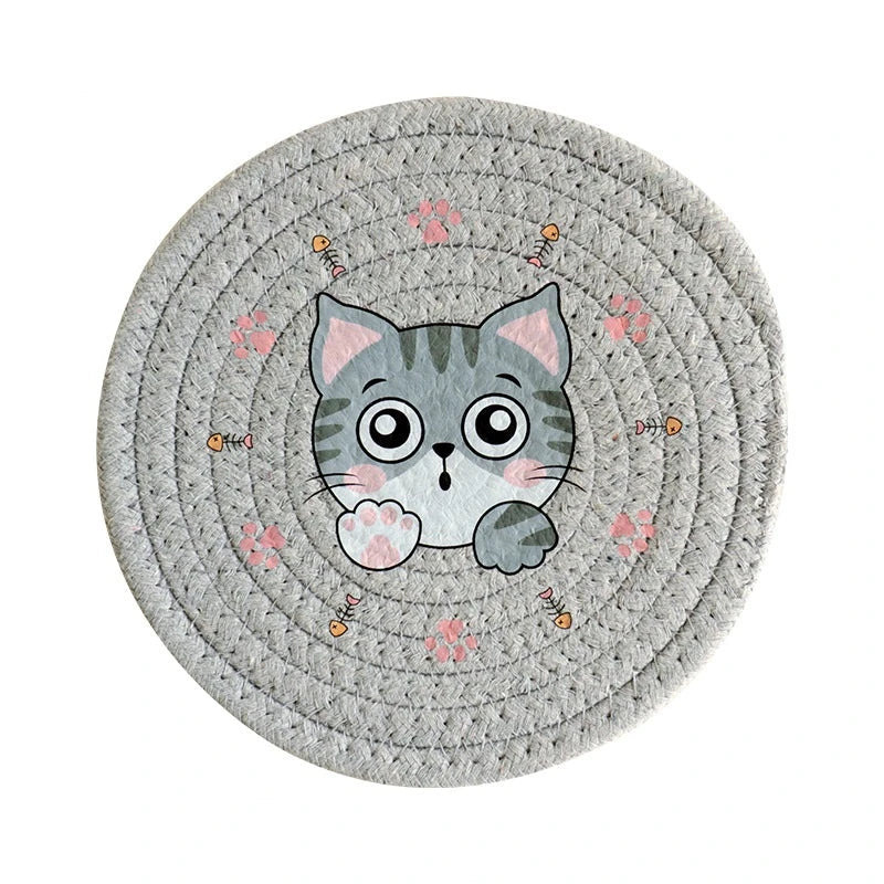 DecorBites™ Cat Print Round Woven Coaster Cup Mat Table Heat Insulation Pad