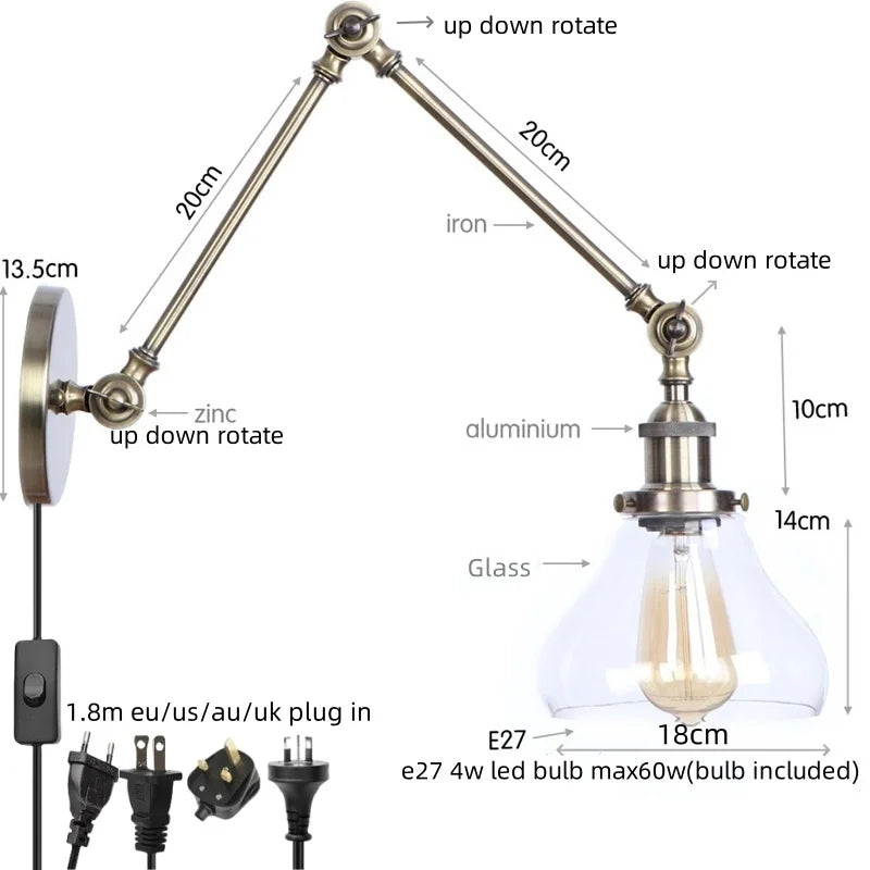 DecorBites™ Industrial Adjustable LED Wall Sconce with Clear Glass Shade