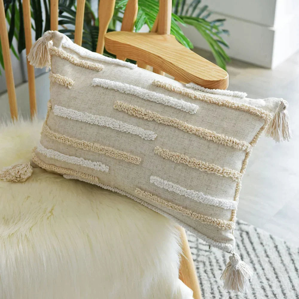 DecorBites™ Boho Nordic Tassel Pillow Case - Beige Cotton Linen Cushion Cover
