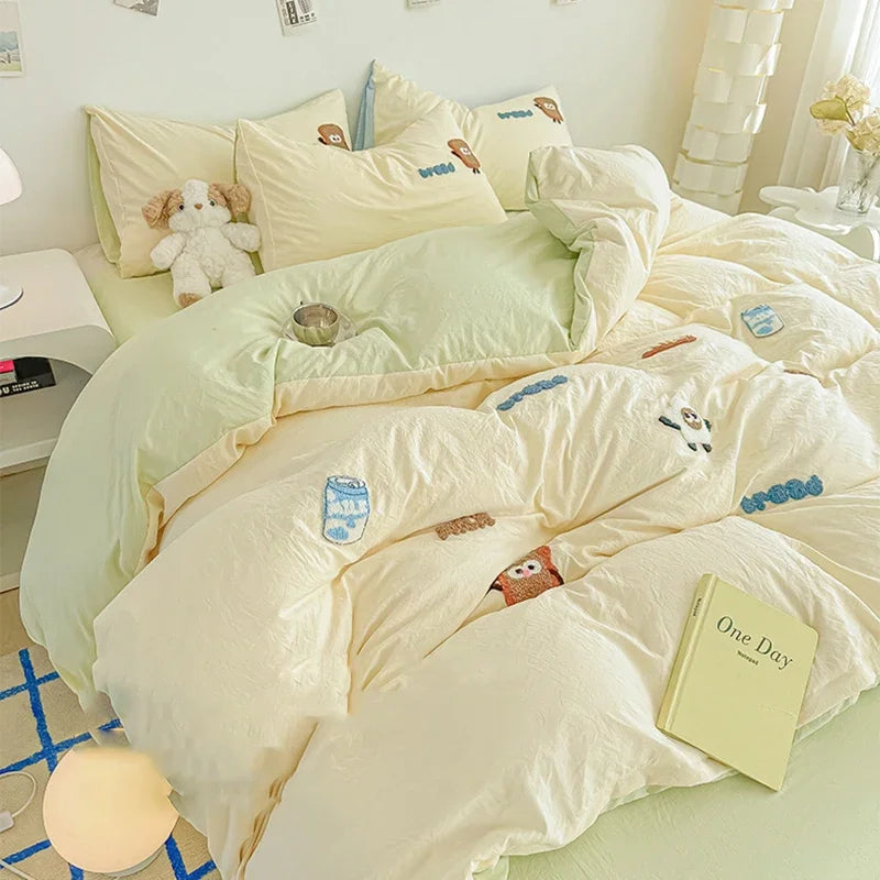 DecorBites™ Cartoon Embroidery Jacquard Comforter Sets | Washed Cotton | Soft Skin-Friendly Bed Linen