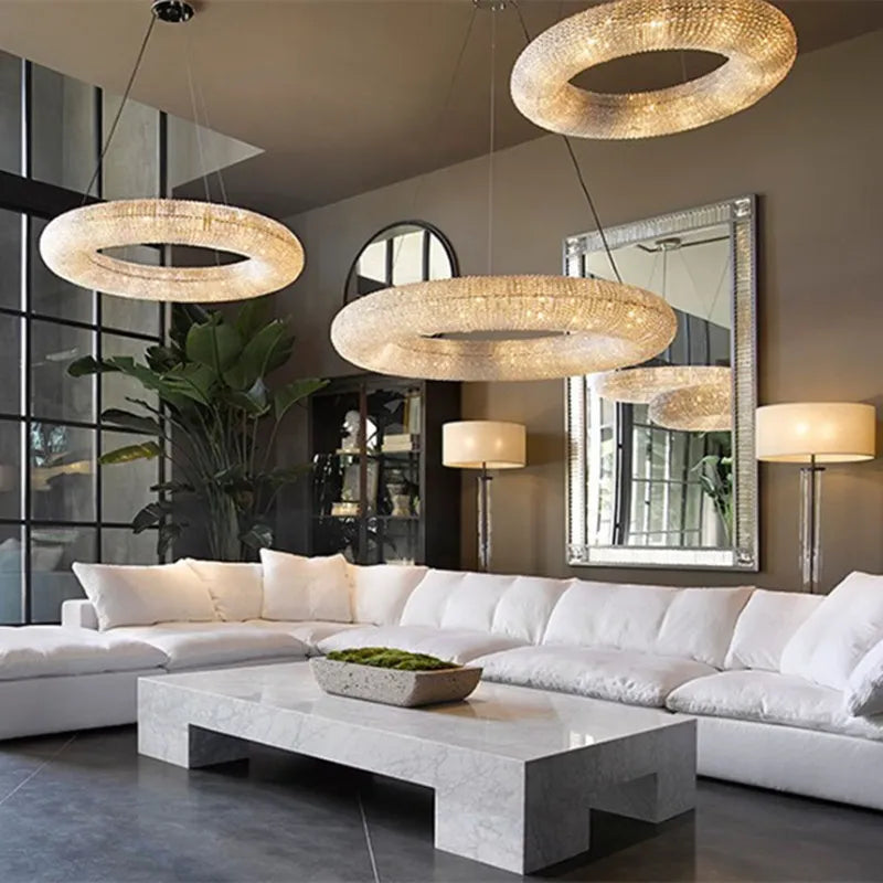 DecorBites™ Crystal Loft Chandelier: Modern Luxury Circle Pendant Lamp for Living Room Lighting