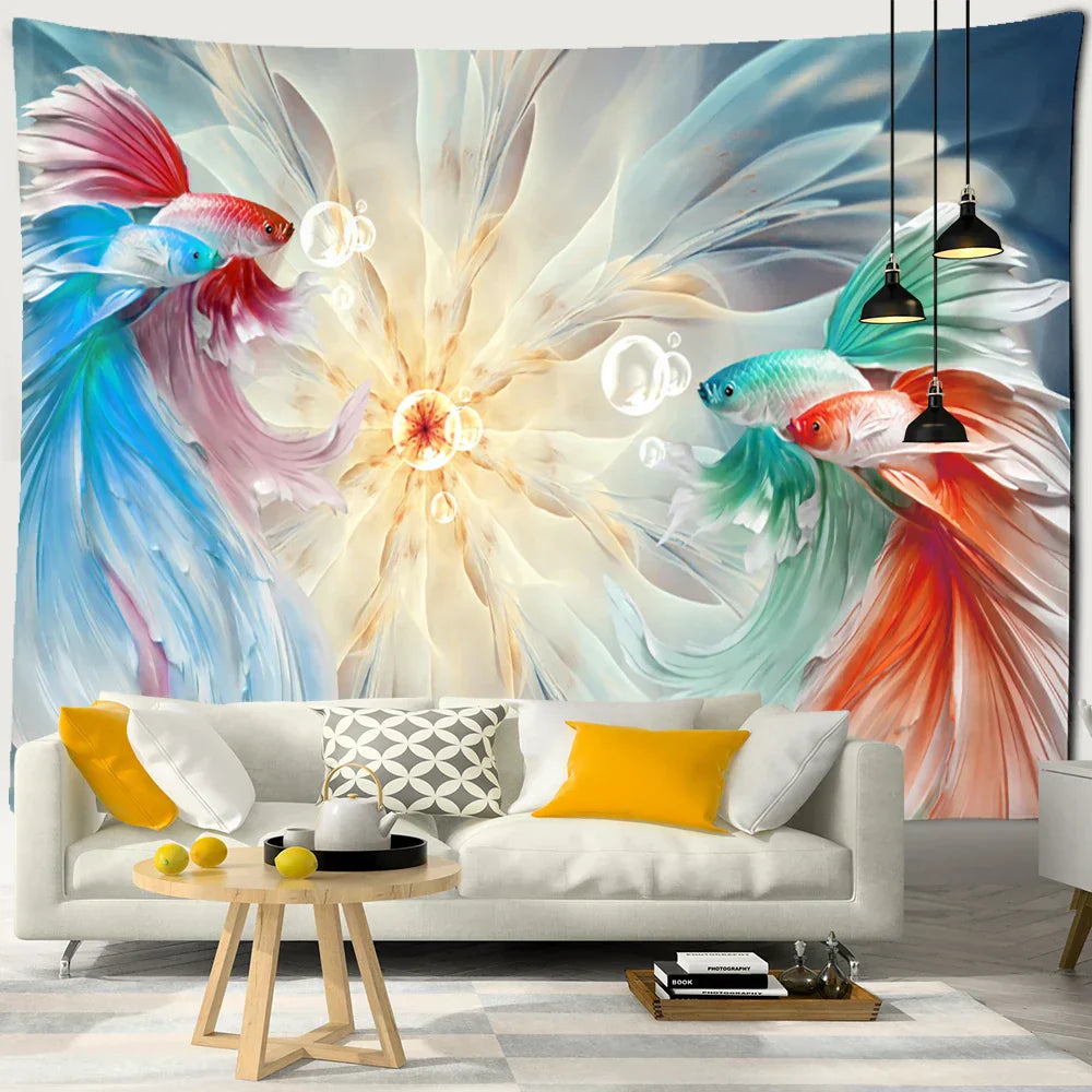 DecorBites™ Ink Lotus Koi Tapestry: Boho Aesthetic Psychedelic Room Art Hippie Decor