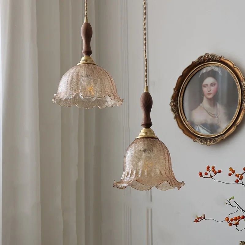 DecorBites™ Amber Glass LED Pendant Lamp Walnut Wood Copper Hanging Light