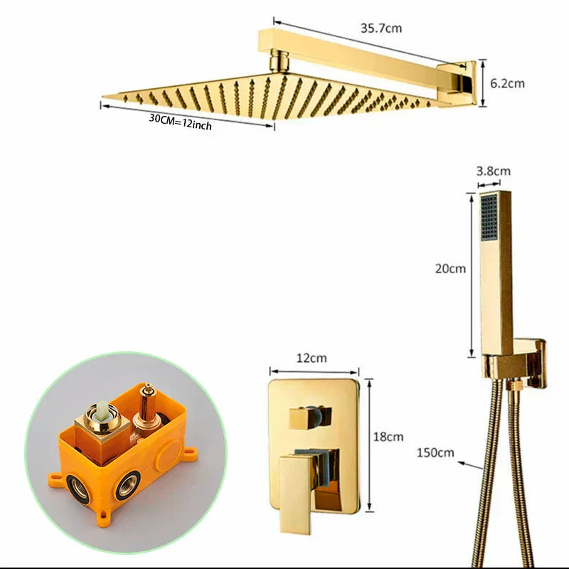 DecorBites™ Golden Bathroom Shower Set with Square Rainfall Head and Concealed Mixer Taps