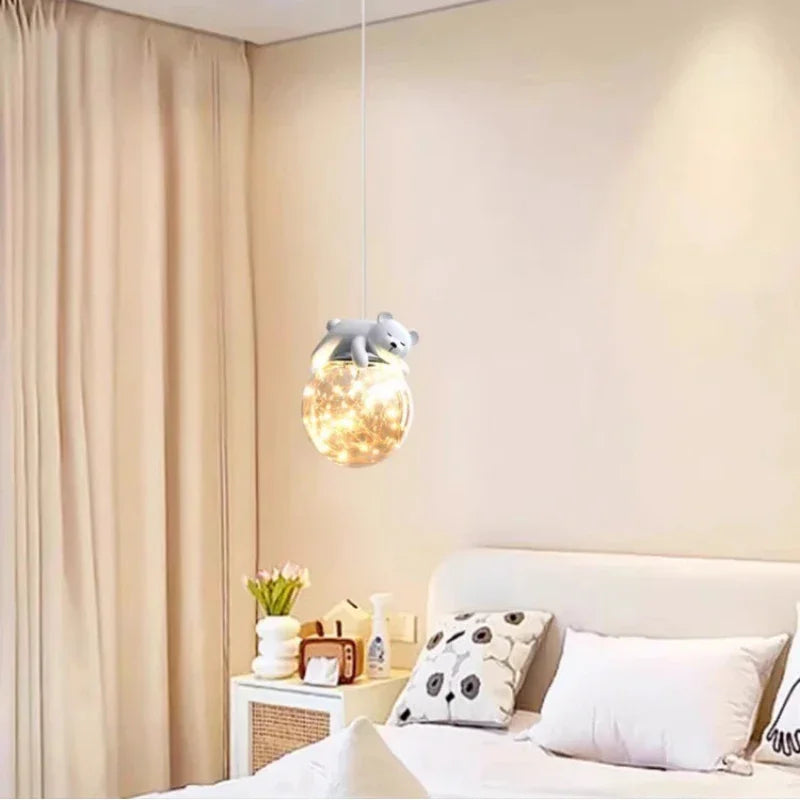 DecorBites™ Glass Children Room Chandelier: White Bear Bunny Lamp for Modern Baby Boy Girl Bedroom