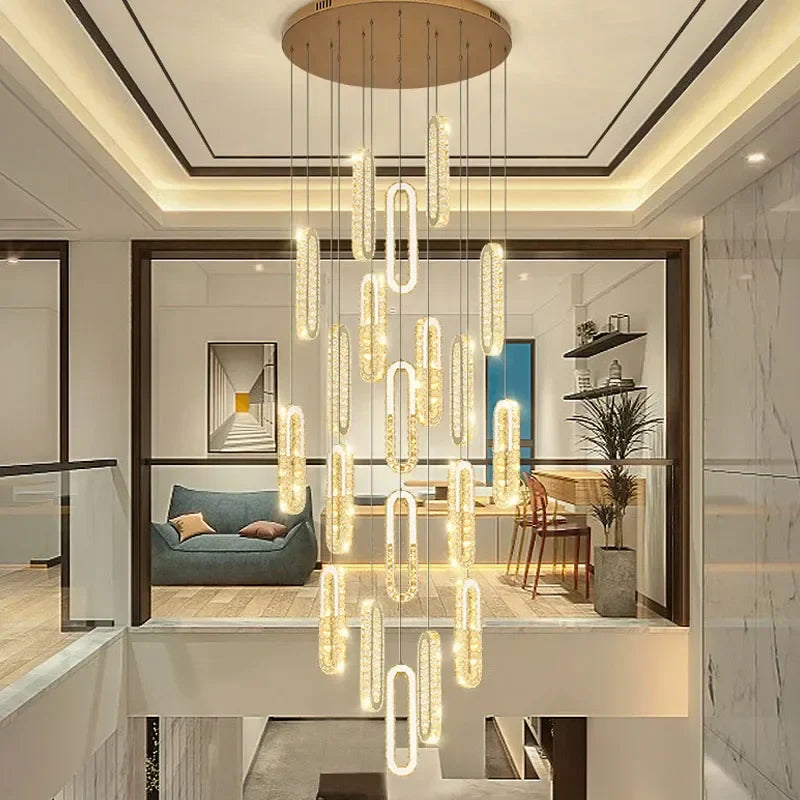DecorBites™ Gold Crystal LED Chandelier: Modern Luxury Long Pendant Light for Living Room