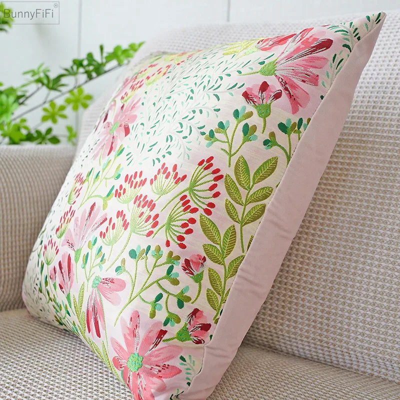 DecorBites™ Jacquard Floral Pillow Cover 45x45cm Pink Green Blue Soft Smooth Touch