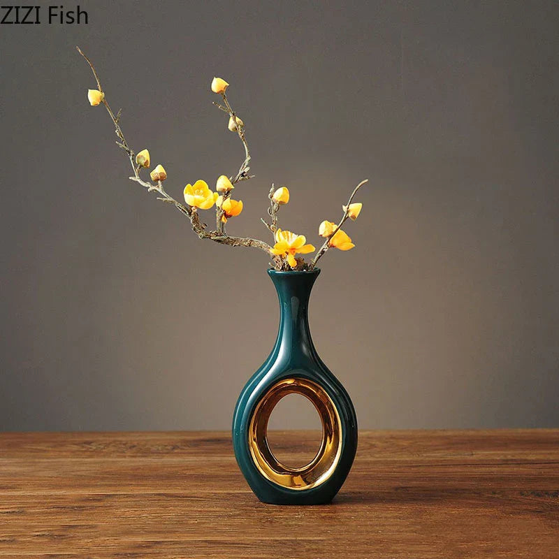 DecorBites™ Gold Ceramic Vase with Artificial Flowers for Elegant Room Decor