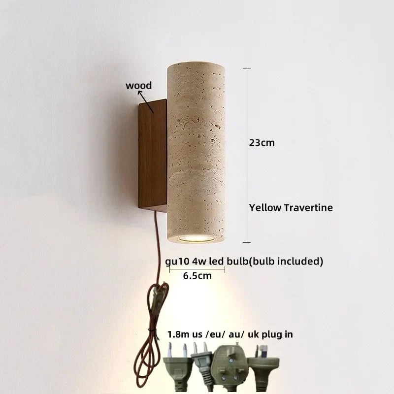 DecorBites™ LED Wall Sconce Yellow Travertine Stone Bedroom Study Cafe Wood Base Stair Light
