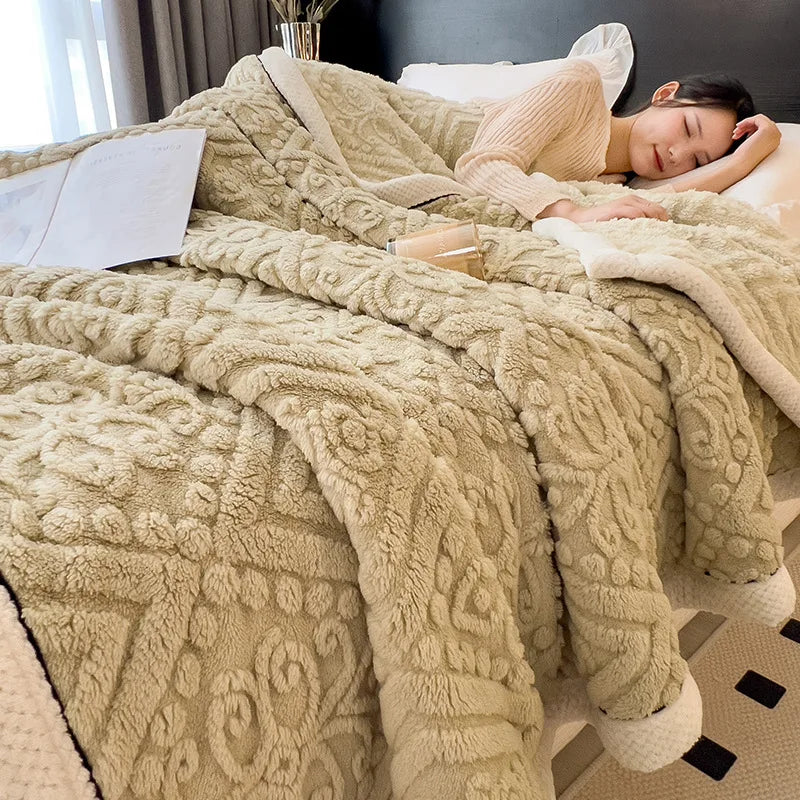 DecorBites™ Double-Layer Coral Fleece Blanket: Super Soft Queen King Quilt for Winter