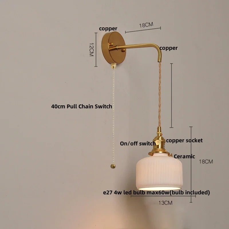 DecorBites™ Ceramic Copper Wall Light Fixture with Pull Chain Switch, E27 LED, Modern Nordic Design
