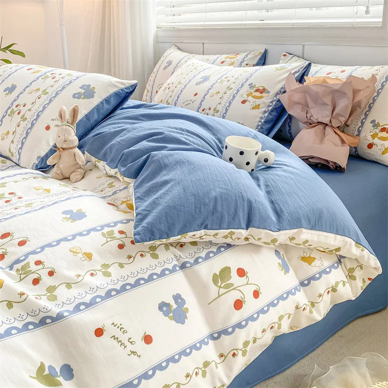 DecorBites™ Cartoon Heart Floral Print Duvet Set with Bed Sheet & Pillowcases
