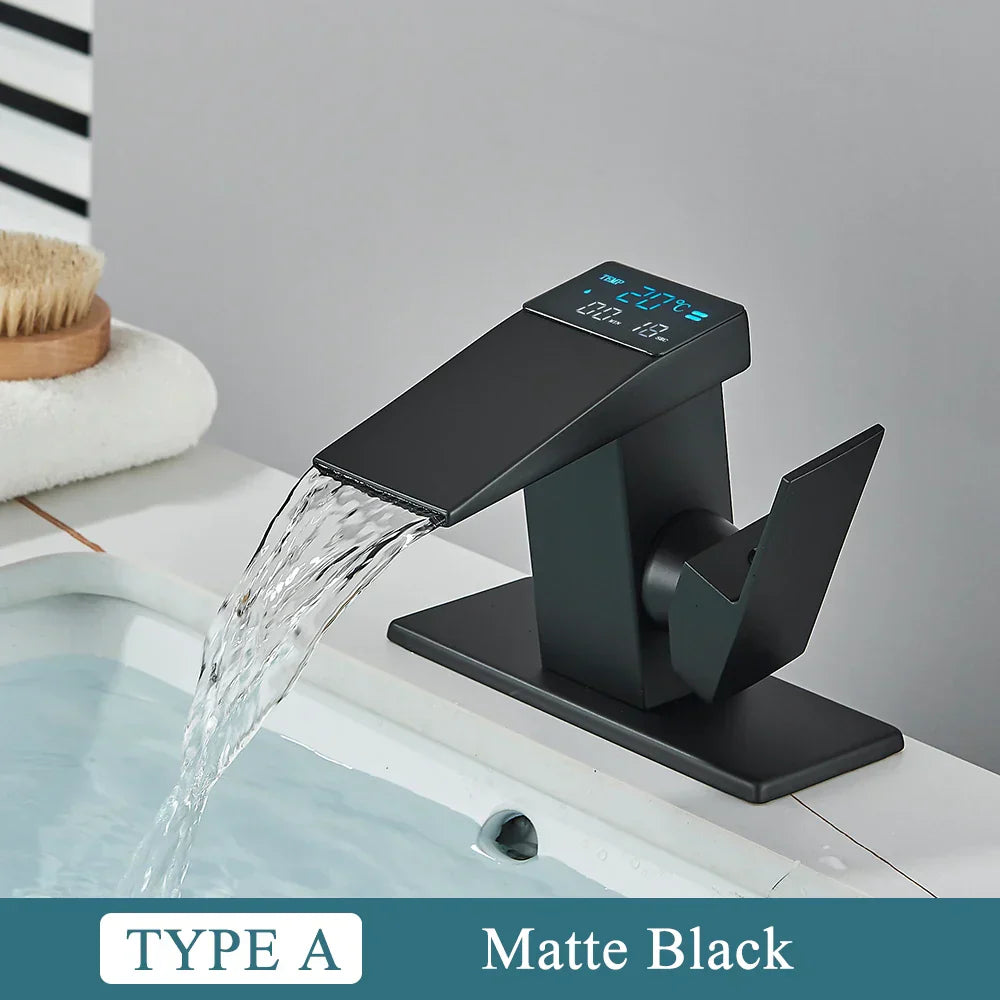 DecorBites™ Brass Waterfall Bathroom Faucet Basin Taps with Temperature Display