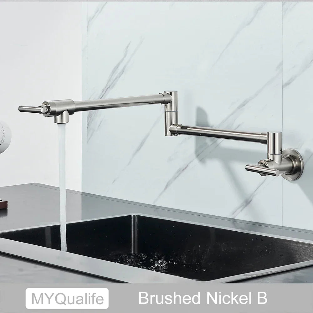 DecorBites™ Brushed Gold Brass Pot Filler Faucet with Folding Spout - Wall Mounted Kitchen Tap