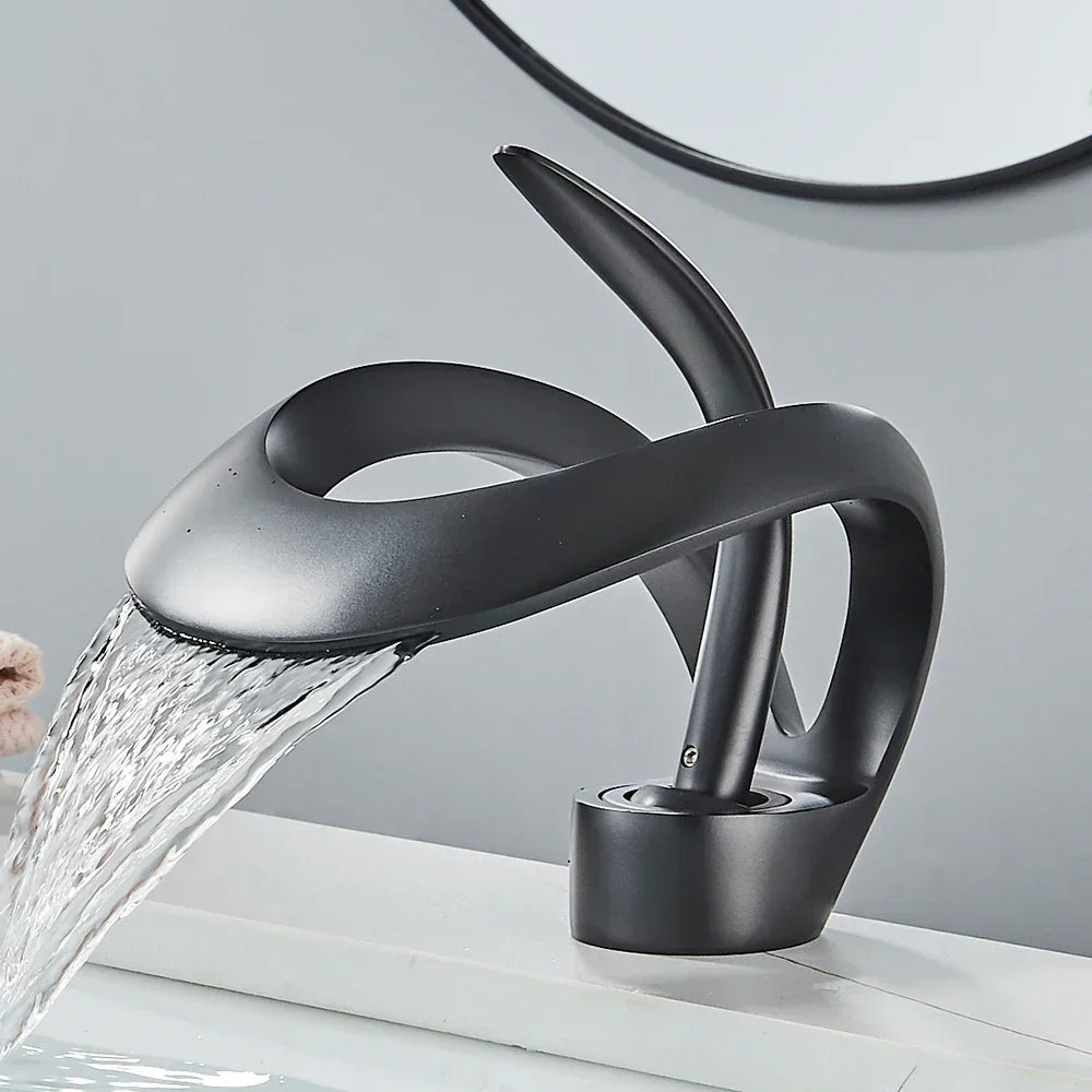 DecorBites™ Black Basin Faucet Grey Waterfall Mixer Tap Hot Cold Modern Brass Deck Mount