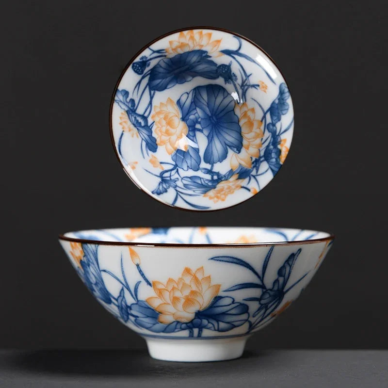 DecorBites™ Blue & White Ceramic Kung Fu Tea Cup - Japanese Style Porcelain Sake Cups