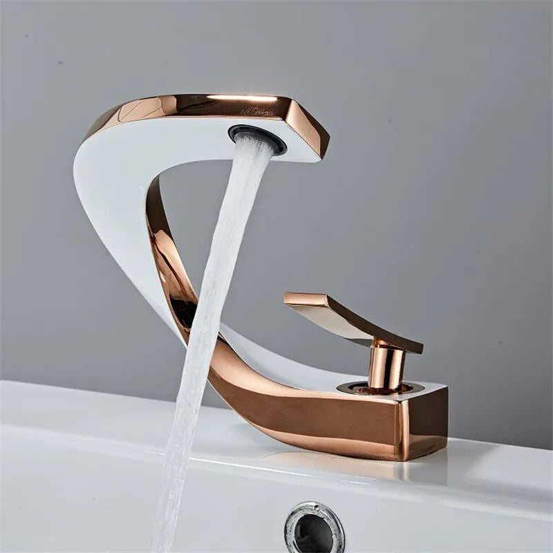 DecorBites™ Gold & White Bathroom Basin Faucet Deck Mounted Sink Tap, Brass with Rose Gold Accent