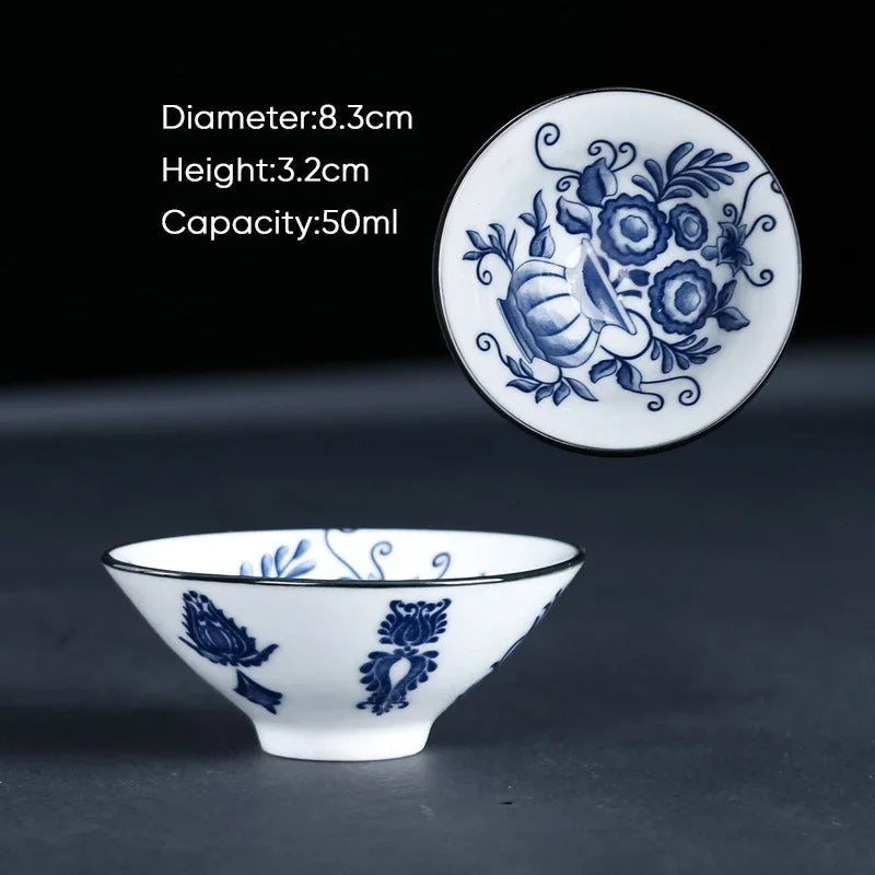 DecorBites™ Blue & White Ceramic Kung Fu Tea Cup, Japanese Style Porcelain Sake Espresso Mug
