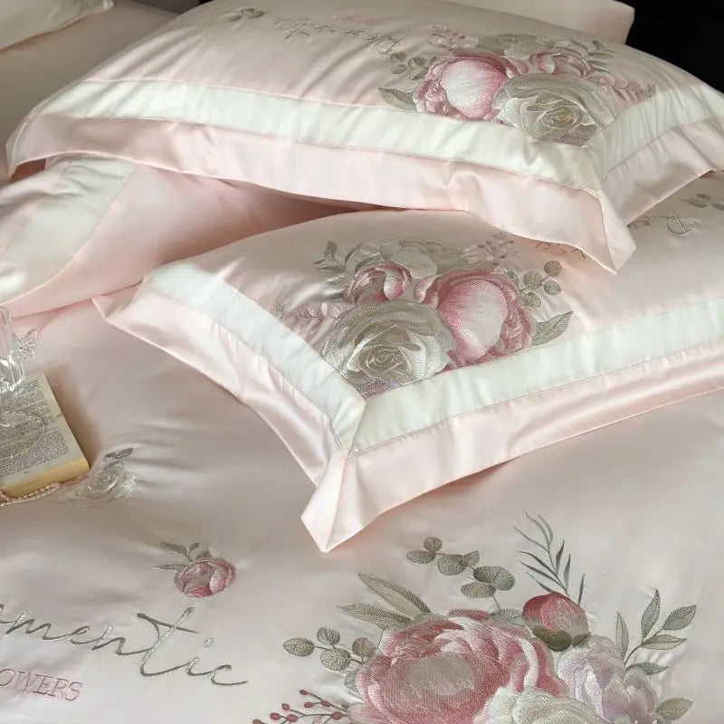 DecorBites™ 4-Pc Flowers Embroidery Bedding Set 1000TC Egyptian Cotton Duvet Cover Sheets