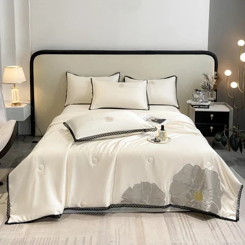 DecorBites™ Luxe Flower Embroidered Cool Quilt Set - Lightweight, Silky, High-End Comfort